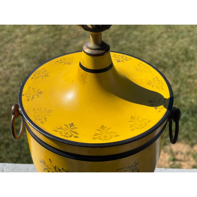 Metal Mid 20th C. Neoclassical Yellow + Black Toile Table Lamp For Sale - Image 7 of 11