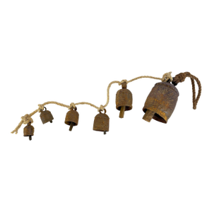 Antique Six Primitive Cow Bells With Wood Clappers on a Rope