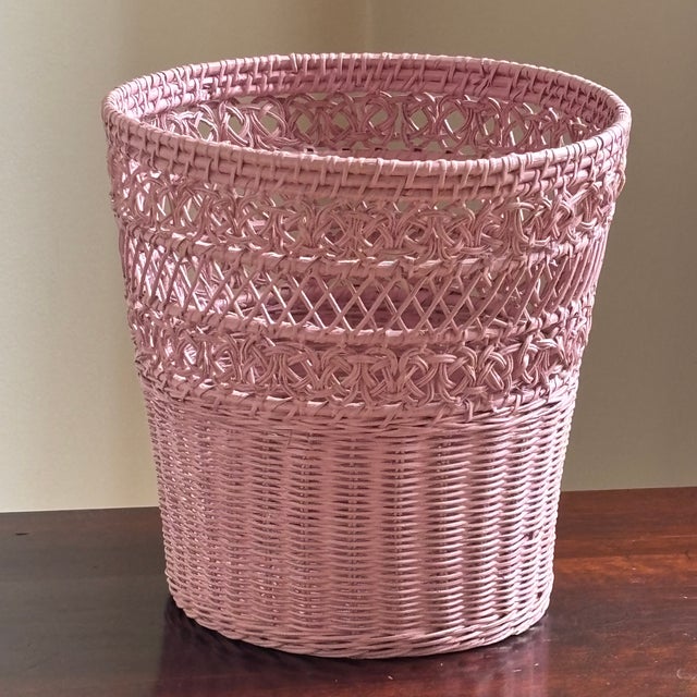 Mid-20th Century Bubble Gum Pink Wicker Wastebasket For Sale - Image 13 of 17