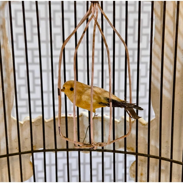 Large French Rococo Hand-Painted Porcelain Bird Cage With Original Floral Tray & Bird For Sale - Image 15 of 17