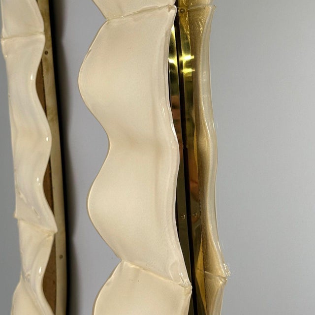 Glass Modern Ruffle Wall Mirrors, White Murano Glass, Brass, Italy, 21st C. For Sale - Image 7 of 14