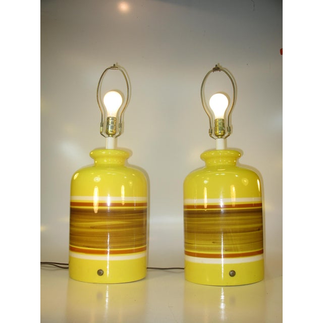 Vintage Mid Century Modern Ceramic Art Pottery Retro Yellow Large Table Lamps - a Pair For Sale - Image 6 of 16