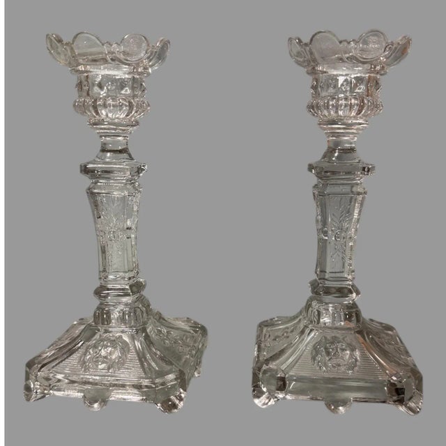 Pair of Vintage Pressed Glass Floral & Lion Decorated Glass 8" Candlesticks In very good original condition showing some...