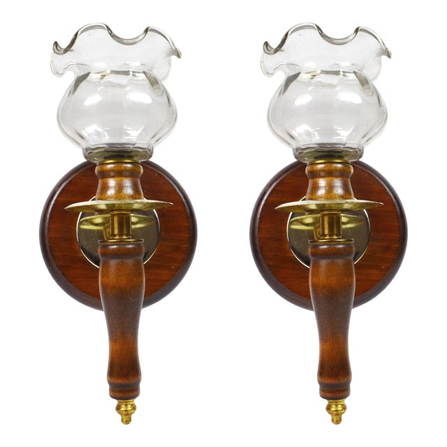 Vintage Brass Wood Wall Mounted Sconce Candle Holders With Glass Shade A Pair Chairish