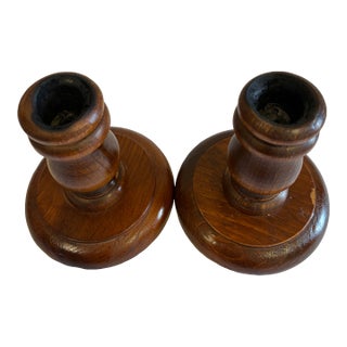Rustic Turned Wood Candlestick Holders, Pair For Sale