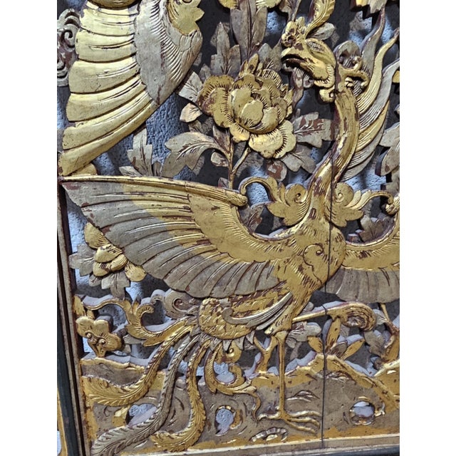 Late 19th Century Antique Hand Carved Gilt Chinese Figural Red Lacquered Wood Panel Green Accents For Sale - Image 10 of 12