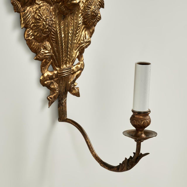 Pair of Antique Italian Brass Floral Wall Sconces For Sale - Image 11 of 15