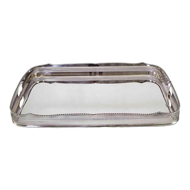 1990’s Vintage/New Silver Oblong Gallery Tray, Plain & Pierced Border For Sale