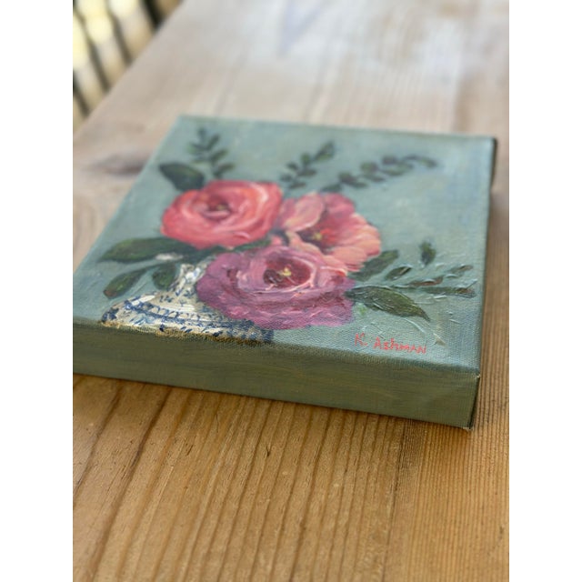 2020s Roses Still Life Blue Willow Vase “Permission to Bloom” Original Painting by Kristin Ashman For Sale - Image 5 of 8