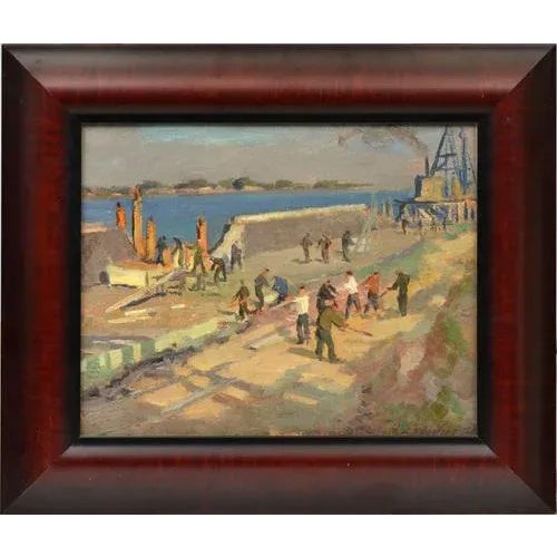 Port Works, Oil on Board, 20th Century For Sale - Image 4 of 4