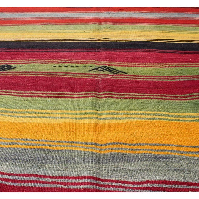 Mid 20th Century Mid 20th Century Bright & Colorful Vintage Turkish Kilim Rug in Stripes Design With Vivid Colors For Sale - Image 5 of 11