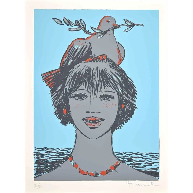 Modern Salvatore Fiume, Portrait with Dove, Screen Print, 1970s For Sale - Image 3 of 3