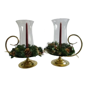 Brass and Glass Hurricane Candle Holders -With Holiday Wreaths