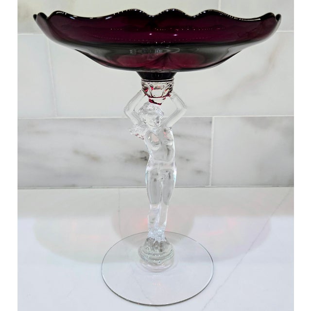 Art Deco 1930s Cambridge Glass Carmen Red Nude Figural Stem Compotes, Pair For Sale - Image 3 of 11
