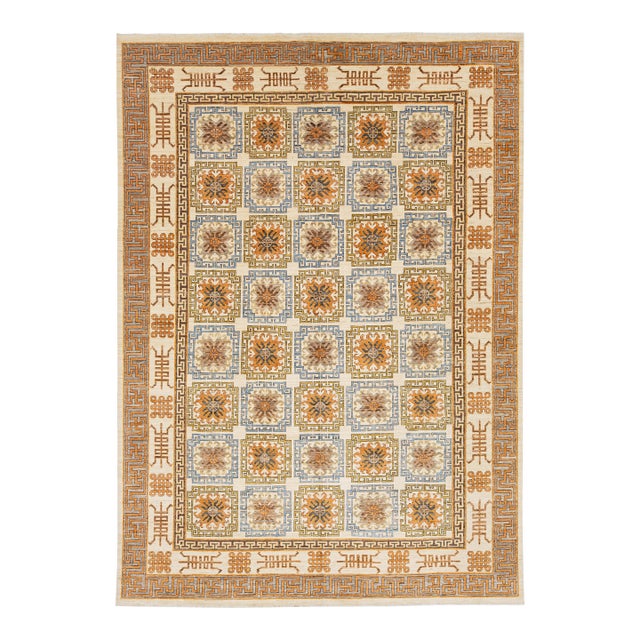 10x14 Hand-Knotted Modern Khotan Style Wool Area Rug – Geometric Earth Tones For Sale