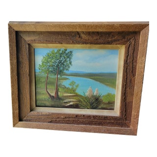 Vintage Original Acrylic Framed Still Life Painting Landscape Serene Yucca Trees River For Sale