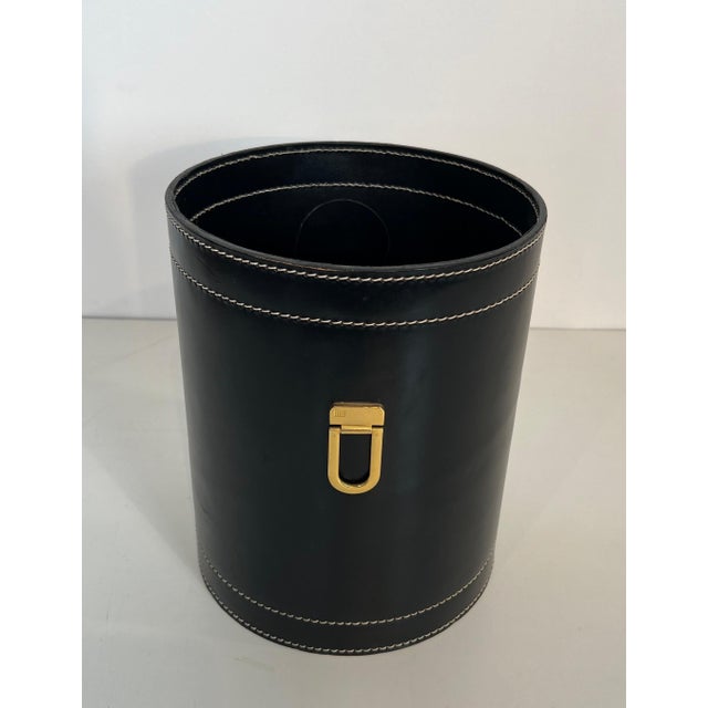 Jacques Adnet 1970s Black leather and brass wastepaper basket in the style of Jacques Adnet For Sale - Image 4 of 12