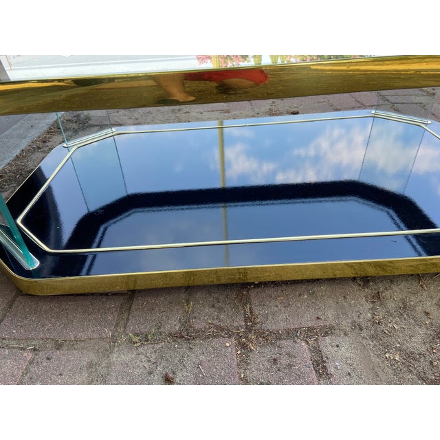 1990s Vintage Hollywood Regency Style Black Lacquer and Glass Floating Coffee Table With Patina For Sale - Image 5 of 18