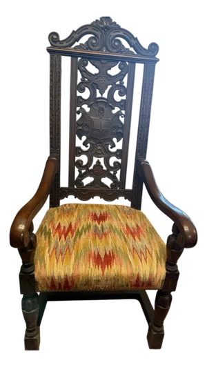 Baroque Revival Throne Chair With Ornate Carved Crest – Dark Wood, Early 20th Century
