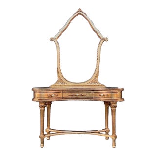 1940s French Louis XVI Gilt Beech Vanity & Mirror – 2 Pc For Sale