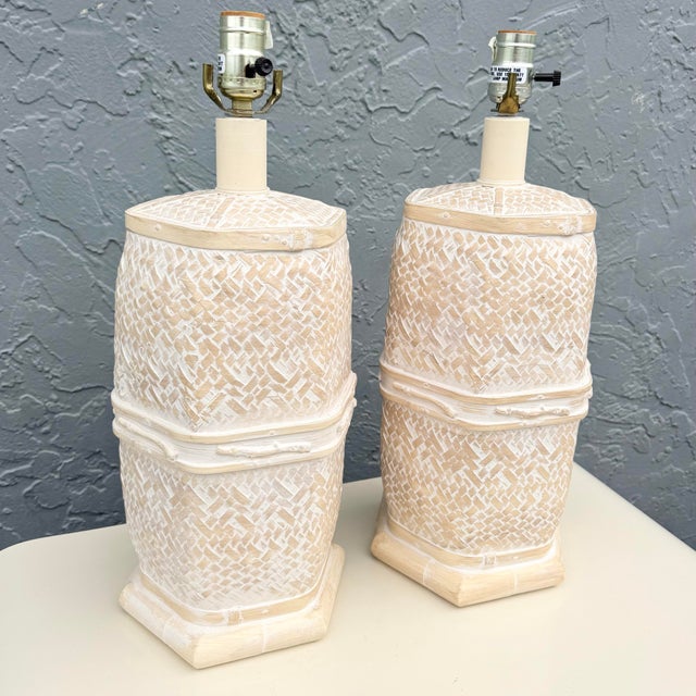 Late 20th Century Vintage Boho Chic Ceramic Faux Bamboo and Wicker Table Lamps - A Pair For Sale - Image 5 of 7