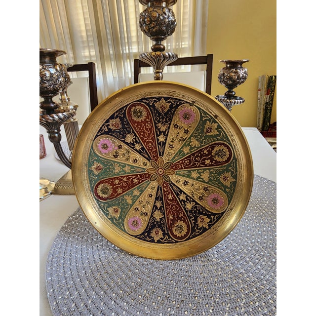 Vintage Middle Eastern Enameled Embossed Brass Dish/Bowl For Sale - Image 4 of 6