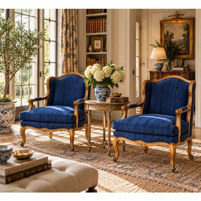 A pair of stunning Louis XV French Provincial style club chairs or lounge chairs. Carved walnut, with deep blue faux bois...
