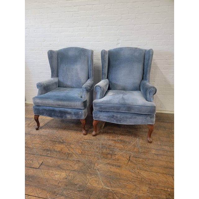 1950s Vintage French Provincial Queen Anne Dusty Blue Wingback Chairs