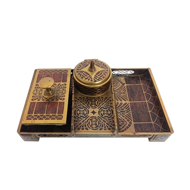 Brown Antique Art Nouveau Brass Inlaid Inkwell with Rocker Blotter by Erhard & Söhne, Germany, 1910, Set of 2 For Sale - Image 8 of 8