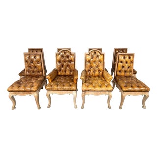 Set of 8 French Louis XV Dining Chairs, Leather Tufted, 1960s For Sale