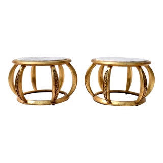 1970s Gold Giltwood Open Marble Top End Tables, Italy For Sale
