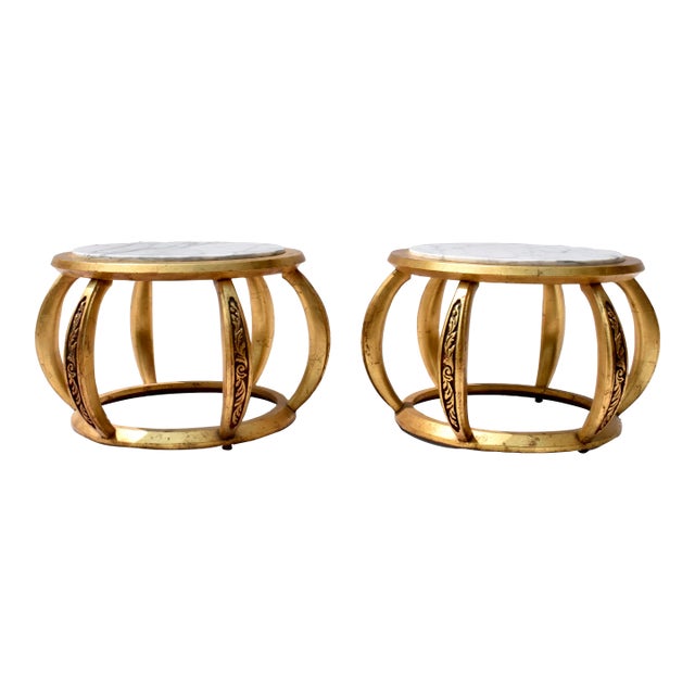 1970s Gold Giltwood Open Marble Top End Tables, Italy For Sale