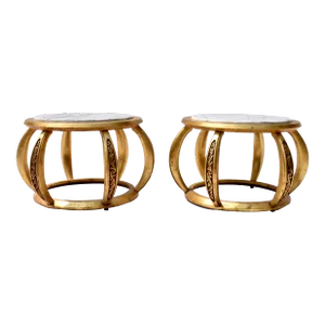 1970s Gold Giltwood Open Marble Top End Tables, Italy