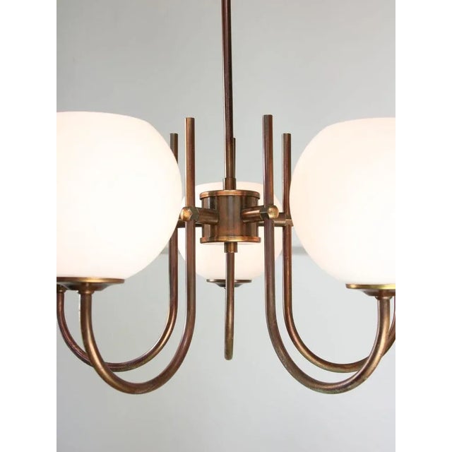 Mid-Century Modern Vintage Italian Brass and Opaline Chandelier in Copper Color, 1970s For Sale - Image 3 of 12