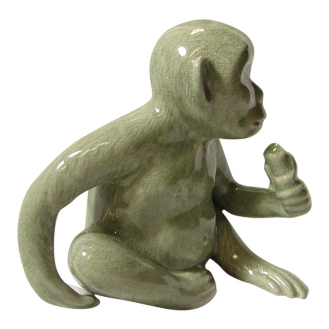 Sweet Ceramic Monkey Statue in Pale Green Glaze Chairish