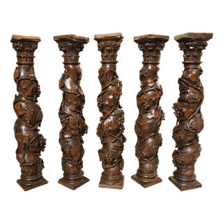 Set of 5 Richly Carved 18th Century Solomonic Table Columns From Spain For Sale