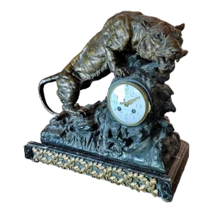 Geo Maxim 19th Century Mantle Clock With Tiger Sculpture