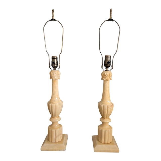 Vintage Alabaster Table Lamps Italian Neoclassical Style With Acanthus Carving - Pair For Sale