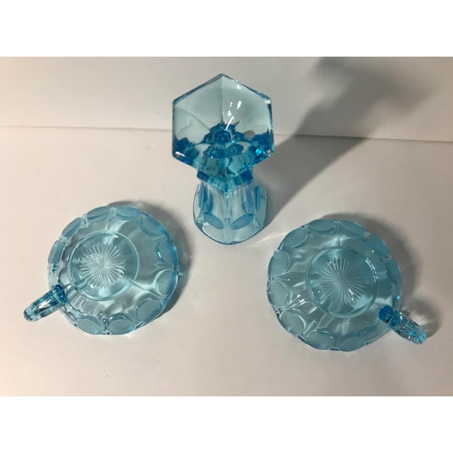 Mid-Century Modern Vintage Fostoria “Old” Blue Coin Glass Nappy Dishes & Vase Set- 3 Pieces For Sale - Image 3 of 13