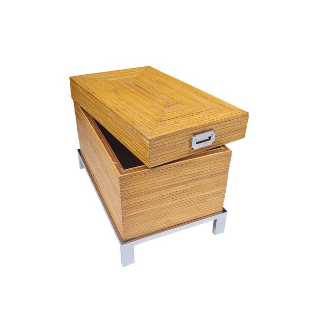 1990s Rare Rattan & Chrome Chest With Geometric Design Attributed to Milo Baughman for Thayer Coggin For Sale - Image 12 of 16