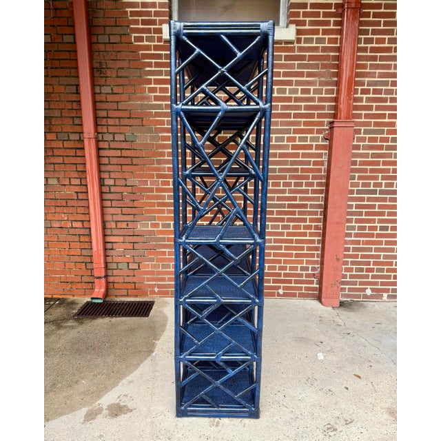 1990s Vintage Turtle and Crane Bespoke Rattan Lapis Trellis Etagère | Hollywood Regency Chippendale Bookcase For Sale - Image 5 of 12
