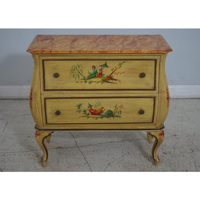 Chinoiserie Pair Chinoiserie Commode Chests W. Faux Marble Painted Tops For Sale - Image 3 of 12