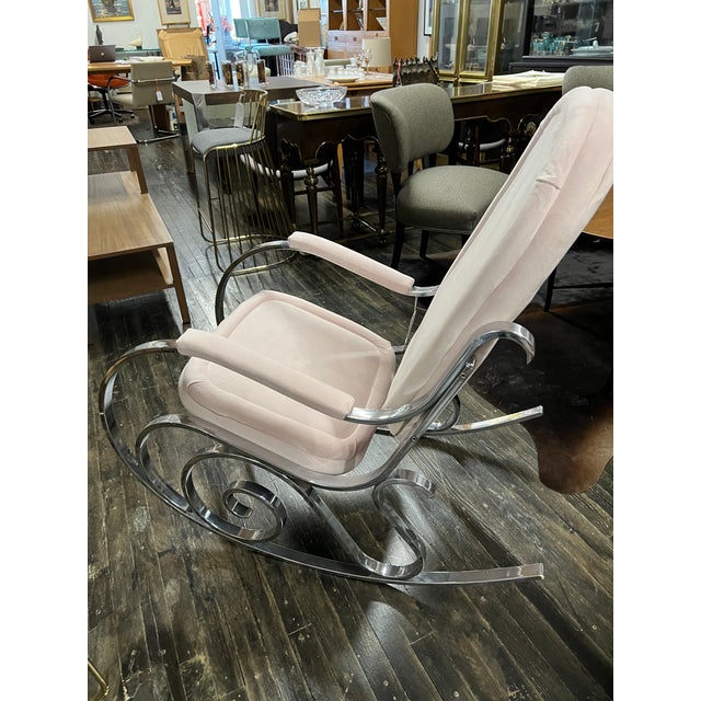 1970's Modernist Chrome Maison Jansen Style Hollywood Regency Rocking Chair With Pink Upholstery For Sale In Chicago - Image 6 of 11