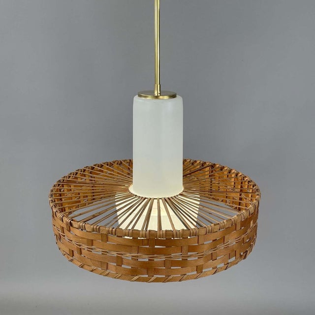1960s Rattan and Frosted Glass Pendant attributed to Doria, Germany, 1960s For Sale - Image 5 of 17