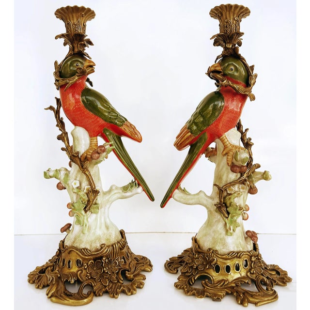 Vintage Bronze Painted Porcelain Exotic Bird Candlesticks- a Pair For Sale - Image 13 of 13