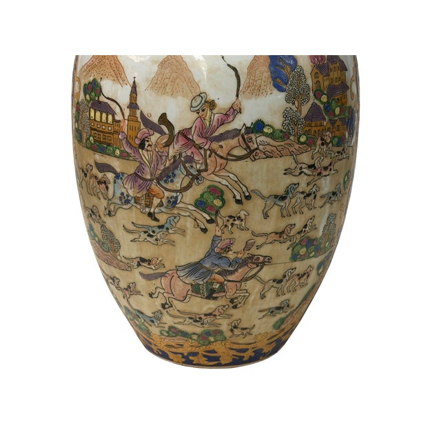 Traditional Vintage Style Beige Blue Hunting Scene Graphic Porcelain Art Jar For Sale - Image 3 of 13