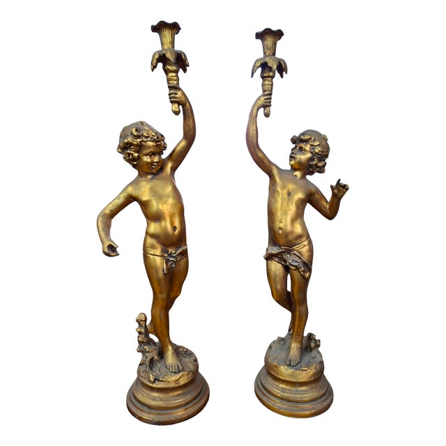 Unknown, Gold Leaf Candlestick Angels, 1950s, Epoxy Resin, Set of 2 For Sale