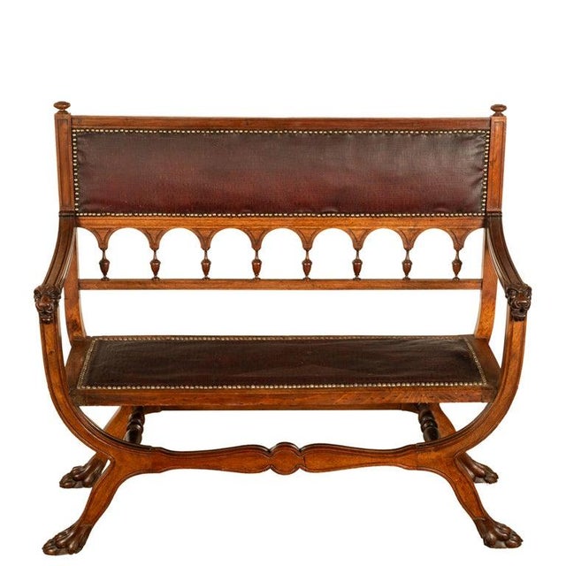 Antique Italian carved Renaissance Revival walnut hall or window bench, Italy, circa 1880. The bench of Savonarola form:...