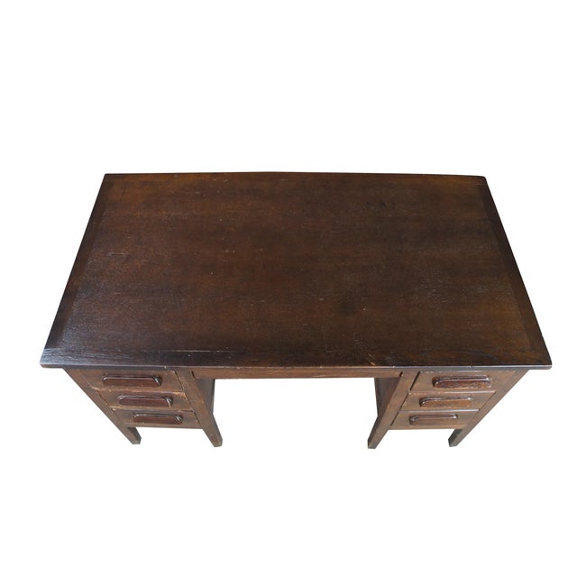 Rustic Antique Oak Executive School Teachers Office Library Writing Desk 54" For Sale - Image 3 of 15