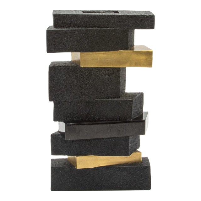 Modern Vase in Black Shagreen With Shell and Brass Details by Kifu Paris For Sale